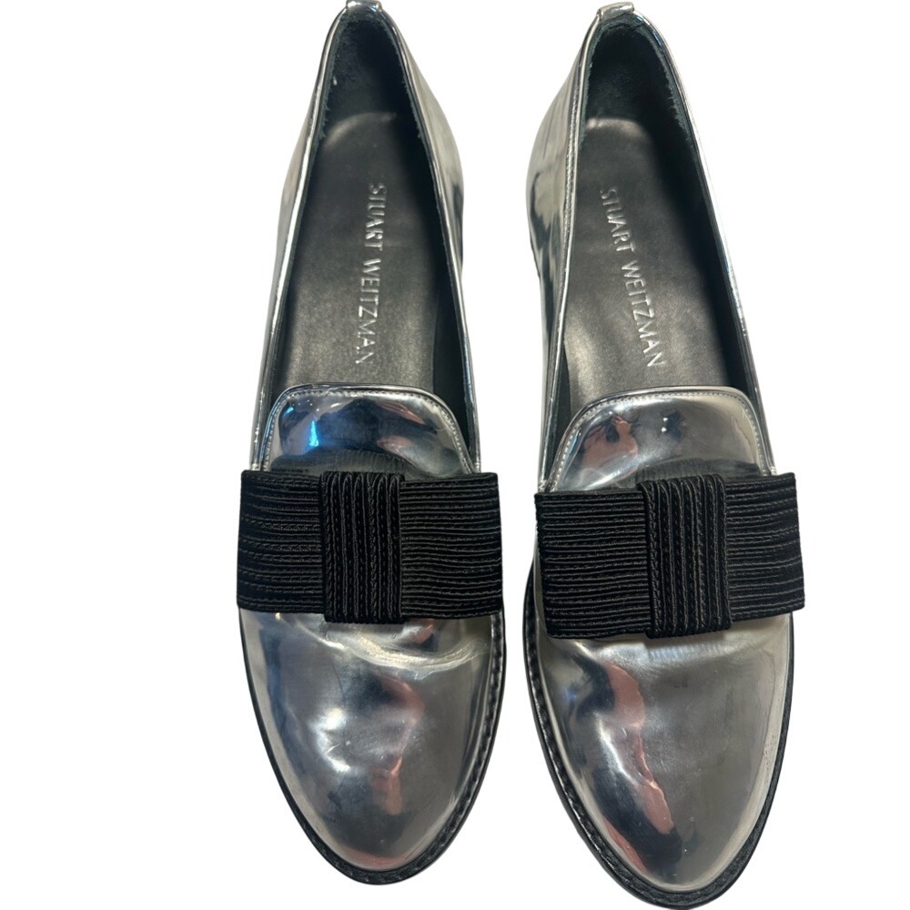 Stuart Weitzman Silver Metallic Bow Loafers‎ Women's Size 8.5 M